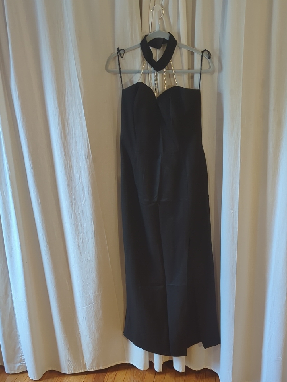 Elegant Black Halter Evening Dress with Diamond Detail
